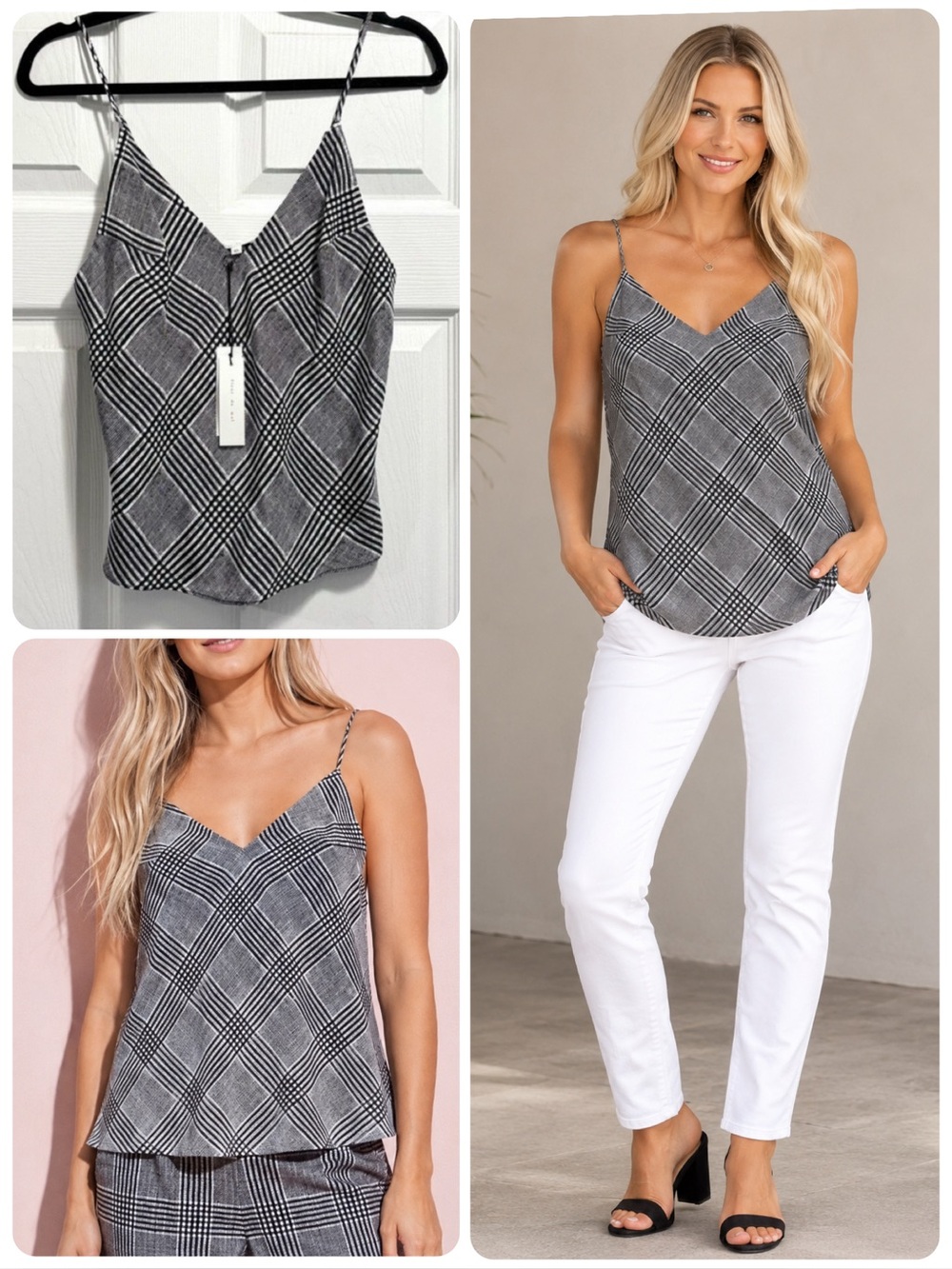NWT Fleur Du Mal 100% Silk Camisole Black White Plaid Prince of Wales Top Sz XS